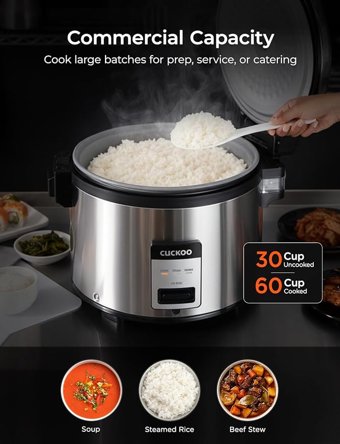 CUCKOO Commercial Rice Cooker & Warmer, Extra Large Rice Cooker 30-Cup Uncooked / 60-Cup Cooked, Professional Industrial Grain Cooker with Large Capacity, Easy One-Touch Operation, Silver (CR-3032)