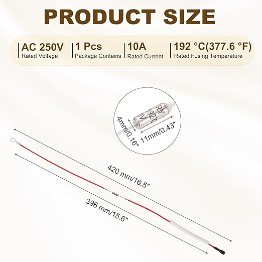 MECCANIXITY Universal Rice Cooker Temperature Fuse, 192°C 10A 250V Metal Thermal Fuse with Terminal and Ring Terminal Fiberglass Sleeving for Electric Pressure Cooker Repair Part