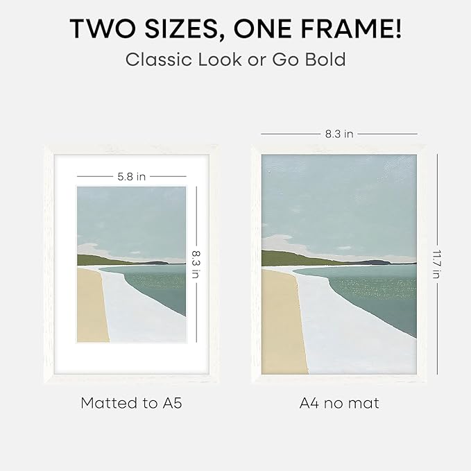 Homeforia A4 Picture Frame White Wood, High-End Oak 8.3 x 11.7 White Poster Frames Matted to 5.8 by 8.3 Photo, 8.3x11.7 Size Wooden Frame with Mat for 5.8x8.3 Print, Tempered Glass, Wall Kit, Set of 2