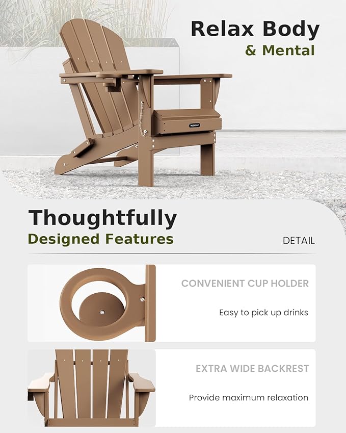 MUCHENGHY Folding Adirondack Chairs, Patio Chairs, Lawn Chairs, Outdoor Chair, Adirondack Chair Plastic, Fire Pit Chairs, Weather Resistant with Cup Holder for Deck, Backyard, Garden(Teak)