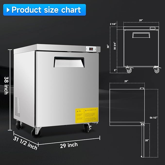 DeepTide 29" W Commercial Undercounter Worktop Refrigerator, 8 Cu.ft Commercial Refrigerator with 1 Door, 33-40°F, Stainless Steel, ETL&DOE, for Restaurants, Stores, kitchen