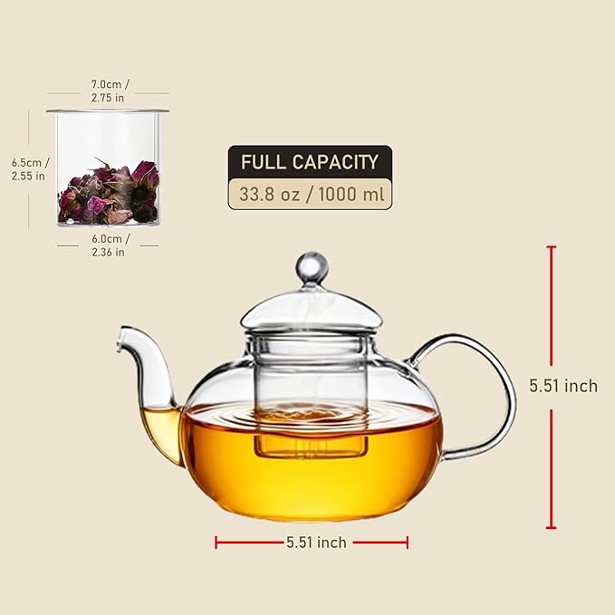 1000ml(33.8oz) Borosilicate Glass Teapot with Removable Glass Infuser, Stovetop Safe Large Tea Kettle for Blooming and Loose Leaf Tea