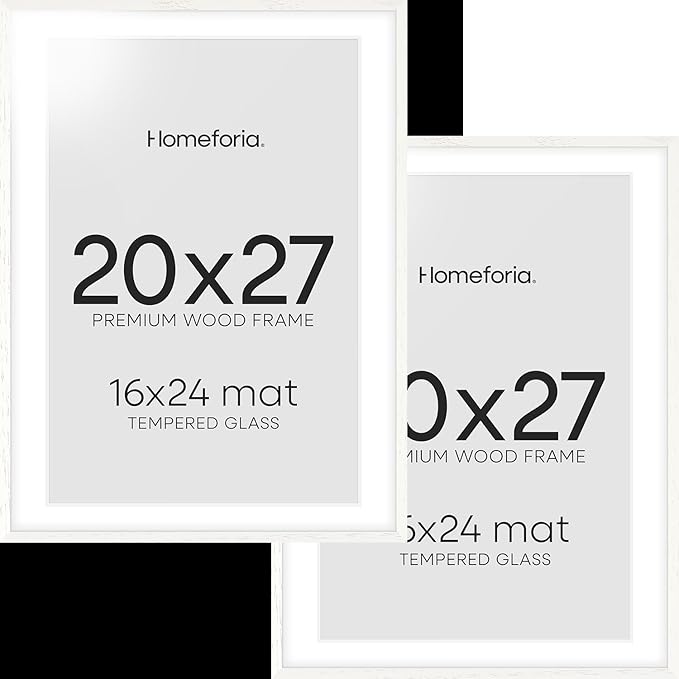 Homeforia 20x27 White Picture Frame, High End Oak 20x27 White Wooden Poster Frames with Mat 16x24 for Print, 20 x 27 Wood Frame Matted to 16 x 24 Photo, 27x20 Frame, Tempered Glass, Wall Kit, Set of 2