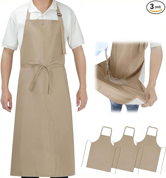 3-Layer Waterproof Apron - Pocket-Free Hygienic Design for Dishwashing & Dog Grooming - Lightweight Durable Protection for messy Kitchen Cooking, Baking, for Men & Women (3 Pack,Beige)