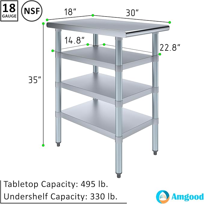 30 in. x 18 in. Stainless Steel Work Table with Three Bottom Shelves | NSF Kitchen Prep Table | Utitly Metal Table