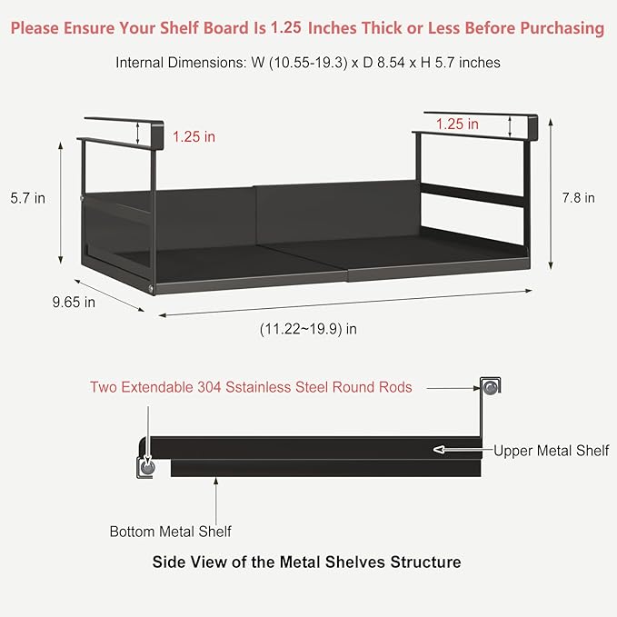 Expandable Under Cabinet Shelf Organizer with 1.25 Inches Thick Clips, Heavy Duty Extendable Under Shelf Storage Basket for Pantry or Laundry Room, Black, 2 Pack, Interior: 5.7" H x 8.54" D