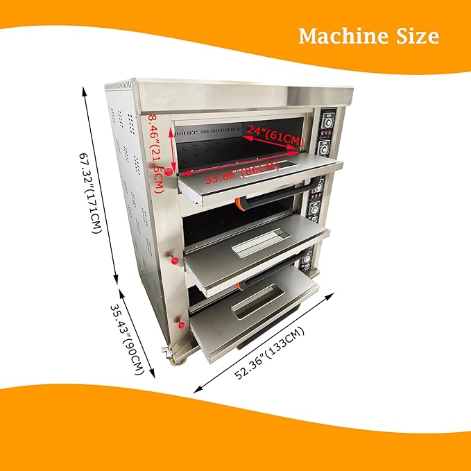 Gas Heating Pizza Oven Commercial Electric Pizza Oven Three Layers Movable Large Triple Oven Stainless Steel Baking Oven 0℃-400℃ Multipurpose Pizza Oven with 6 Baking Dishes 110V 300W