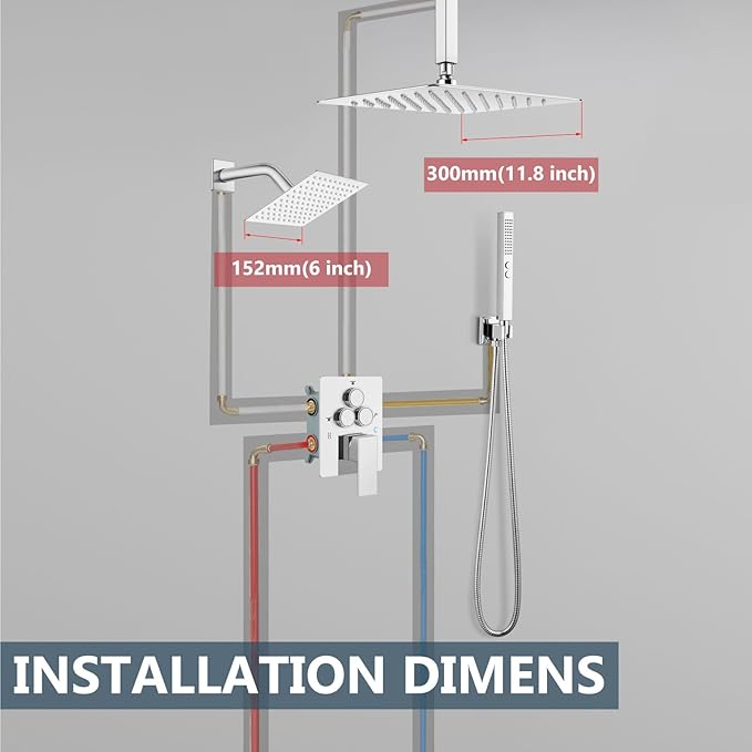 Aolemi Shower Faucet Set Ceiling Mount Shower System Rough-in Valve and Shower Trim Kit 2 in 1 Handheld Spray Push Button Diverter 12 and 6 Inch Dual Shower Head Polish Chrome
