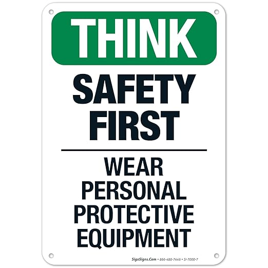 Think Safety First Wear Personal Protective Equipment Sign, 10x7 Inches, 55 mil Thick HDPS (high Density polystyrene), Made in USA by Sigo Signs