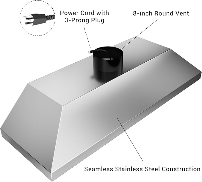 60-inch Range Hood Insert with Inline Remote Blower, CT Copper Tailor 1260CFM Kitchen Vent Hood, 4-Speed Exhaust Fan, 4 LED Lights, 8" Round Ducted,Baffle Filters, in Stainless Steel