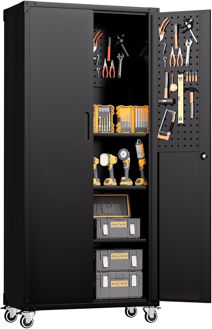 Tall Metal Storage Cabinet with Wheels Black Heavy Duty Large Metal Garage Cabinets with Adjustale Shelves Lockable Rolling Tool Cart for Warehouse Basement Kitchen, Assembly Required