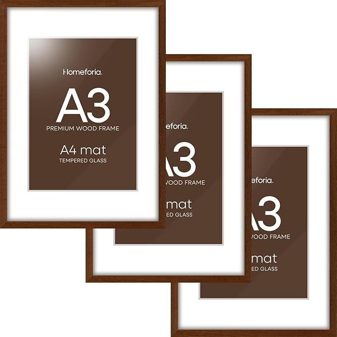 Homeforia A3 Picture Frame Brown Wood, High-End Dark Oak 11.7 x 16.5 Poster Walnut Frames Matted to 8.3 by 11.7 inch Photo, A3 Size Wooden Frame with Mat for A4 Art, Tempered Glass, Wall Kit, Set of 3