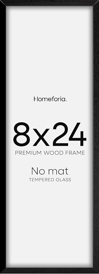 Homeforia 8x24 Black Wood Frame, High End Oak 8 x 24 Panoramic Display Frames without Mat, Wooden 24x8 Thin Hanging Picture Frame for Wall, 8by24 Black Poster Frame, Tempered Glass, Wall Kit, Set of 1