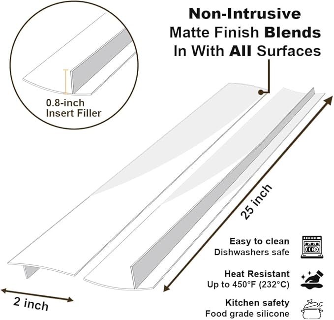 Kitchen Silicone Stove Counter Gap Cover, 25 inch Long & Extra Wide Stove Gap Filler Range Strips 2pcs,Between Oven and Countertop Dishwasher, Dryer,Easy Clean Heat Resistant Gap Guards White