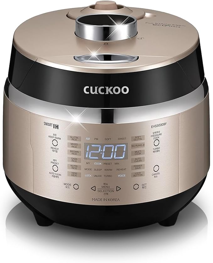 CUCKOO High Pressure Rice Cooker 3-Cup Uncooked / 6-Cup Cooked with Induction Heating Technology, Small Rice Maker with 16 Menu Options and Steam Plate, Voice Guide, Gold (CRP-EHSS0309F)