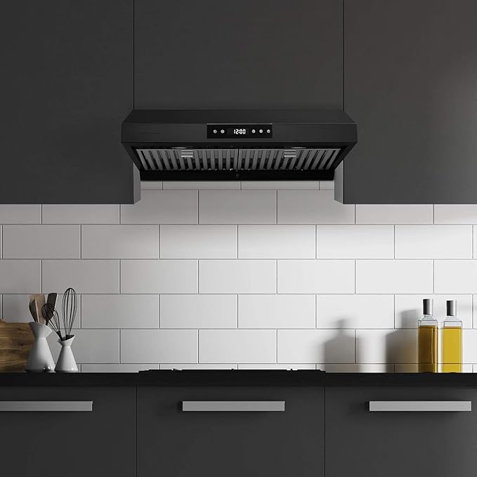 Hauslane Range Hood 30 Inch - Under Cabinet Range Hood 30" Matte Black Kitchen Hood, Vent Hood 30 Inches, Stove Vent Hood for Kitchen, Vent Hoods 30 Inch with LED - Chef Series PS18