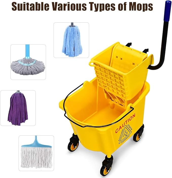Mop Bucket, Commercial Bucket for Mopping on Wheels with Potable Handle, Mop Bucket with Wringer for Home, Household, Office, Bathroom, Yellow (25 Quarts)