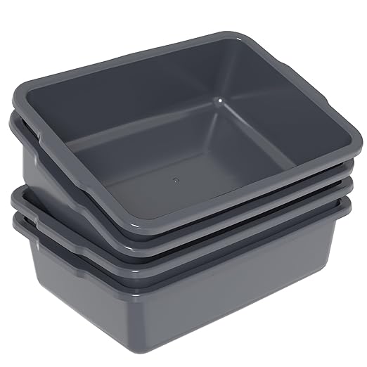 23 L Plastic Commercial Utility Bus Box, 4-Pack Plastic Bus Totes for Restaurant Gray