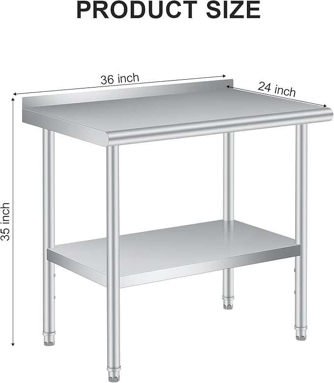 Stainless Steel Prep Table, 48 x 24 Inches, with Backsplash, Adjustable Undershelf, Commercial Heavy Duty Table with Adjustable Under Shelf for Outdoor Use,Restaurants,Hotels,Works