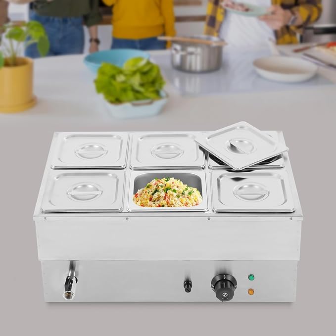 6-Pan Commercial Food Warmer,110V Electric Stainless Steel Steam Food Warmer with Lid,Electric Bain Marie Countertop with Temperature Control for Catering,Restaurant,Party (Small 6-Pan)