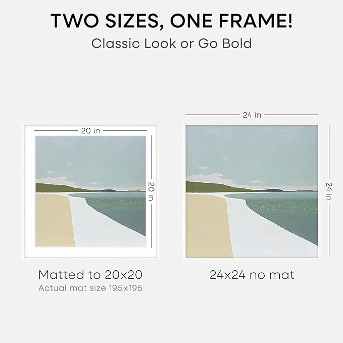 Homeforia 24x24 White Picture Frame, High End Oak 24 x 24 Square Wood Frames with Mat 20 by 20 inches Photo, 24by24 White Wooden Poster Frames Matted to 20x20 Print, Tempered Glass, Wall Kit, Set of 2