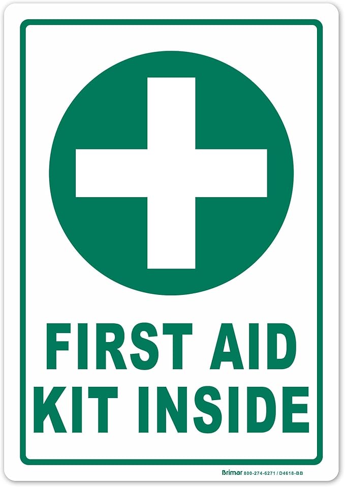 Brimar - 7" x 10" - First Aid Kit Inside Sign - 3.5 Mil InfiniStick™ Vinyl Label - Easy Installation - High Visibility