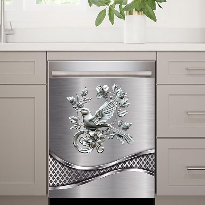 Imitation Stainless Steel Design Bird Painting Dishwasher Cover Magnetic Sticker Refrigerator Door Panel Cover Fridge Appliance Magnet Decal Sheet 23x26 inch