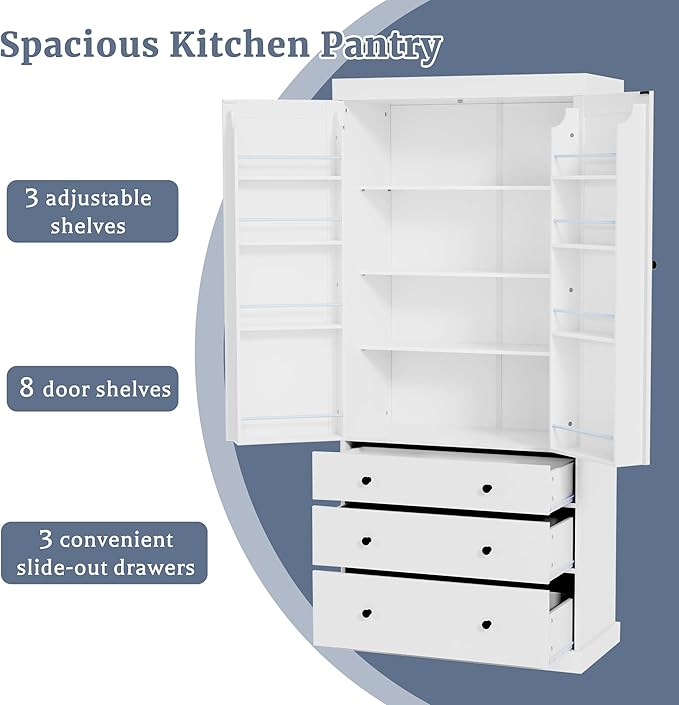 Merax 77" Tall Kitchen Storage Cabinet Pantry Farmhouse Freestanding Large Cupboardwith 3 Drawers,3 Adjustable Shelves,8 Door-Shelf for Dining Room,White