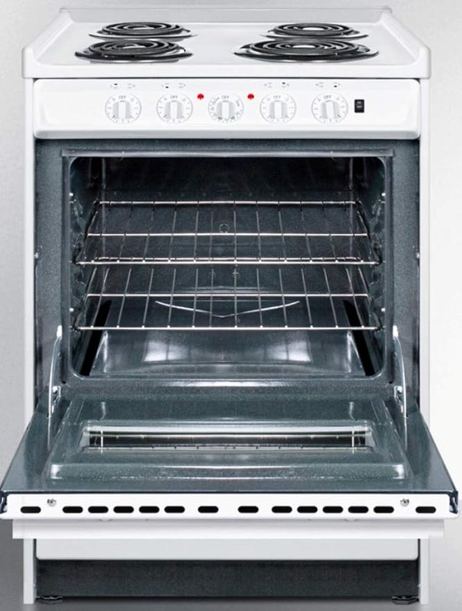 Summit WEM610RW 24"" Slide-In Electric Range with 4 Elements Waist High Broil Oven Racks Chrome Drip Pans Indicator Lights and Push-To-Turn Burner Knobs in White