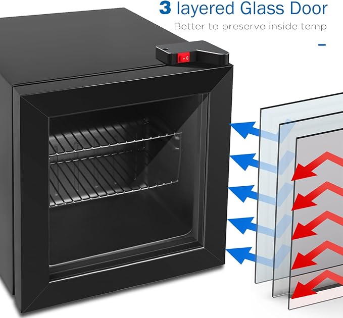 ADT Mini with Display Glass Door 1.1 Cu Ft Small Freezer with 2 Removable Shelves 7 Temperature Settings -8°F to 14°F Perfect for Liquor and Ice Cream