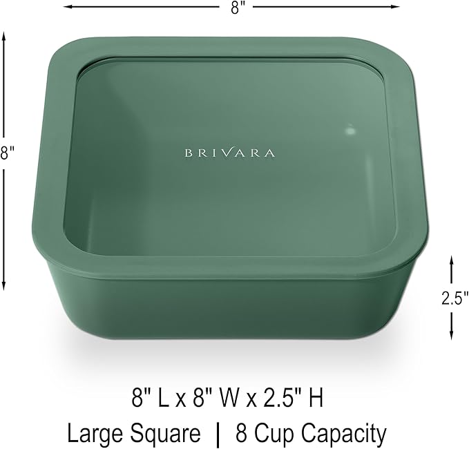 Ceramic Coated Glass Food Storage Container | No PTFE, PFOA, PFAS, and BPA | Reusable Non Toxic Meal Prep Container with Glass Lid | Easy To Store | 8 Cup Square [Pine]