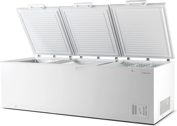Hamilton Beach, 42.5 Cu. Ft. Chest Freezer- White, Garage Ready, TRIPLE door lid, Vinyl-Coated Baskets, Space-Saving Flat Back, Stay-Open, Front-Access Drain, for Storage, Hunting, Large Family