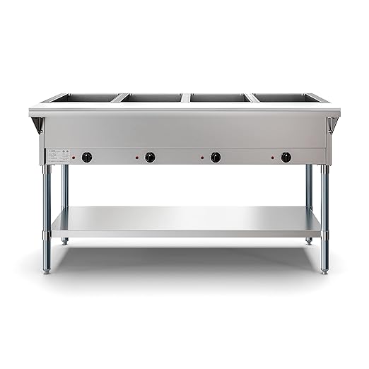 KoolMore 4-Pan Open Well Commercial Electric Stainless Steel Steam Table Food Warmer for Buffets with Undershelf, Warming Control Knobs, and Front Serving Area [120V] (KM-OWS-4), Silver