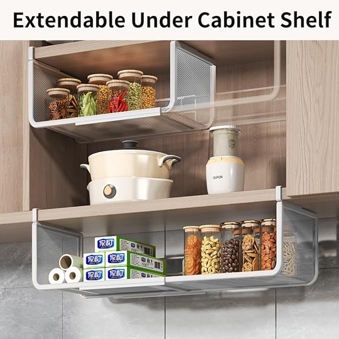 Expandable Under Shelf Basket Organizer, Under Shelf Storage, Hanging Baskets Under Cabinet for Pantry Kitchen Cupboard Desk Counter Bookshelf Space Saver Heavy Duty Slide-in (white, 2 Pack)