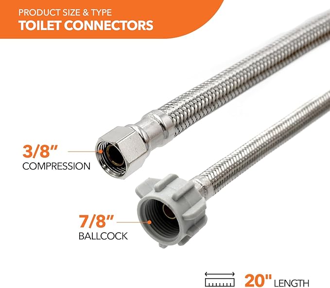 Stainless Steel Braided Water Connectors with Reinforced PVC Inner Hose for Toilets, 3/8" Compression x 7/8" Ballcock, 20" Length (5Pack)