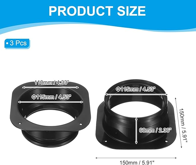 PATIKIL 5 Inch Duct Connector Flange, 3Pack Plastic Straight Pipe Flange Dryer Vent Connector for Air Heating Cooling Ventilation HVAC System, Black