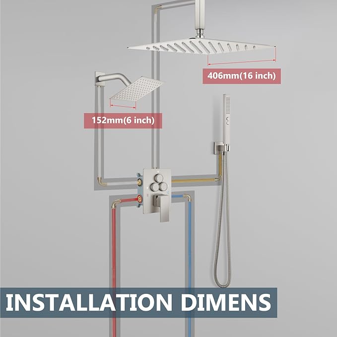 Aolemi Shower Faucet Set Ceiling Mount Shower System Rough-in Valve and Shower Trim Kit 2 in 1 Handheld Spray Push Button Diverter 16 and 6 Inch Dual Shower Head Brushed Nickel