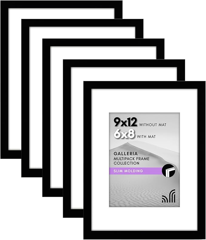 Americanflat 9x12 Picture Frame with Polished Plexiglass - Set of 5 - Use as 6x8 Frame with Mat or Display 9x12 Photo Without Mat - Galleria Collection - Picture Frames for Wall Display - Black