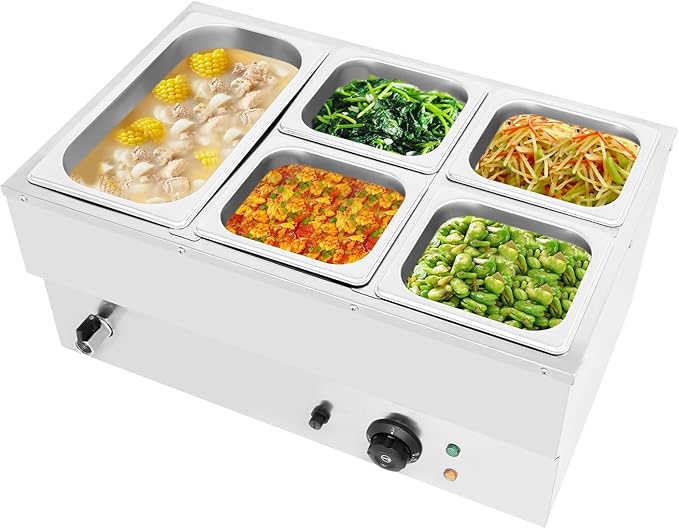 Commercial Food Warmer Stainless Steel Bain Marie Buffet Food Warmer Steam Table Electric Countertop Steam Table Container with 86-185°F Temp Control for Catering Restaurants (5 Pans)