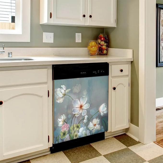 Dishwasher Magnet Cover Blooming White Flowers Front Dishwasher Cover Decoration Reusable Magnetic Door Cover Panel Decal Home Appliances Stickers Kitchen Refrigerator Fridge 23"x26"
