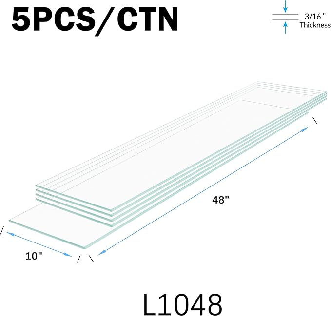 Floating Shelves - Pack of 5 Tempered Glass Shelves, 10" W x 48" L, 3/16" Thick, Polished Edges-– Rectangular Replacement Shelves for Cabinets, Display Cases & Retail Fixtures