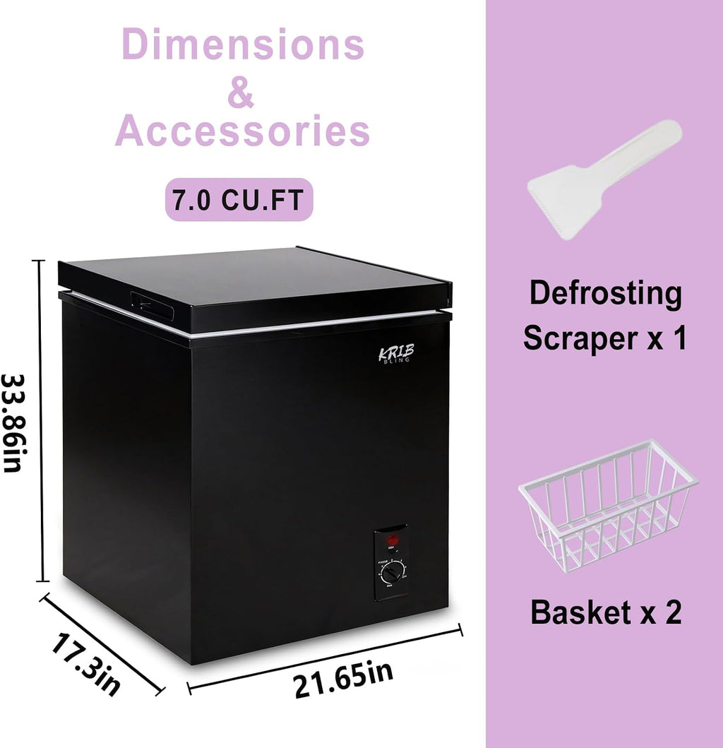 3.5 Cu.Ft Compact Chest Freezer with Removable Basket, Krib Bling Top Door Open Freestanding Deep Freezer with 7 Gears Temperature Adjustment, Ideal for Home, Kitchen & Office, White