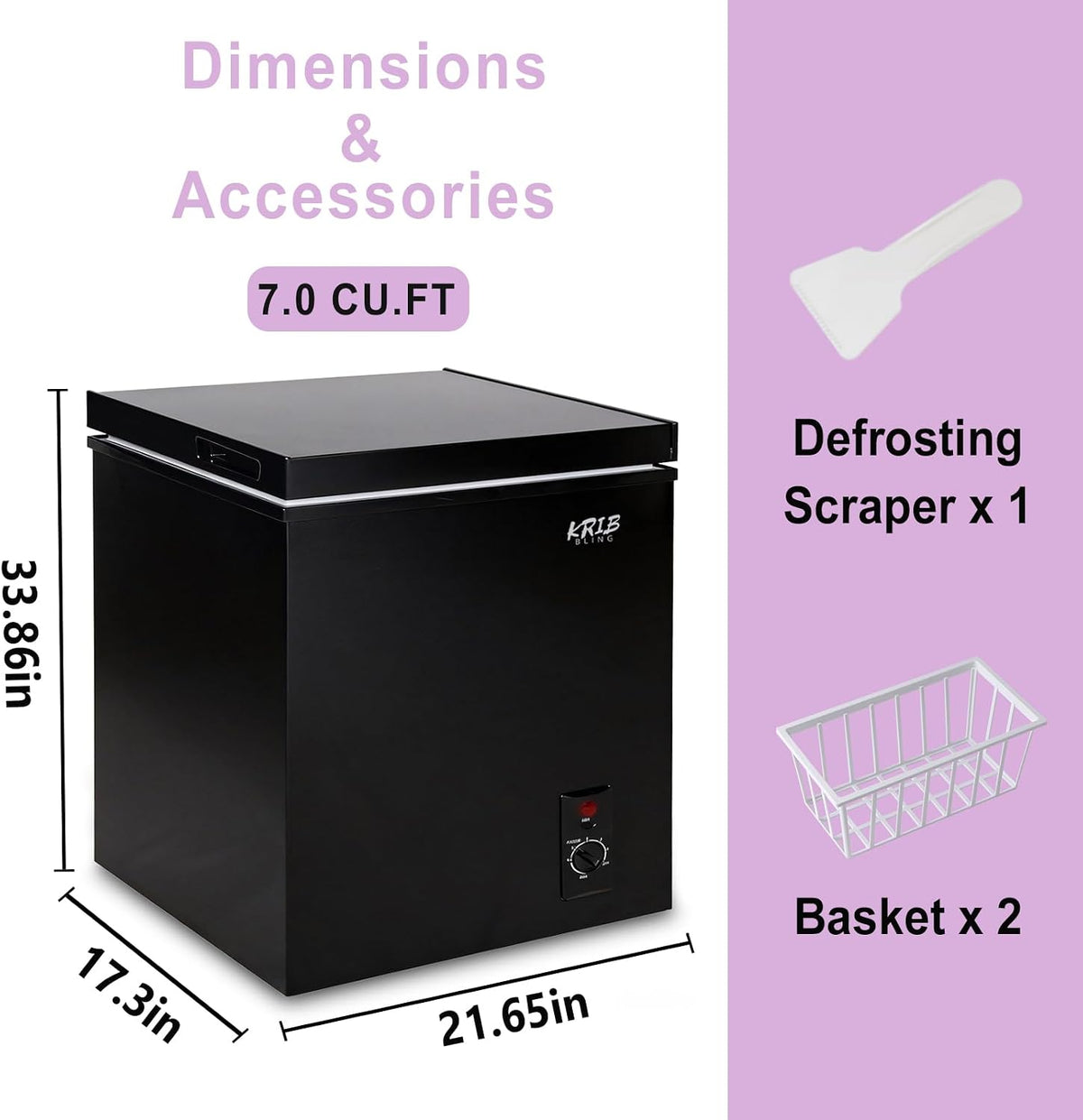 3.5 Cu.Ft Compact Chest Freezer with Removable Basket, Krib Bling Top Door Open Freestanding Deep Freezer with 7 Gears Temperature Adjustment, Ideal for Home, Kitchen & Office, White