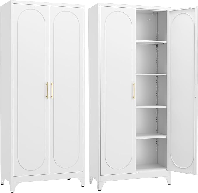 Kitchen Pantry Cabinet,75 Inch White Metal Storage Cabinet with Door and Adjustable, Tall Pantry Cabinets for Kitchen Storage,Cupboard for Living Room,Dining Room and Bathroom