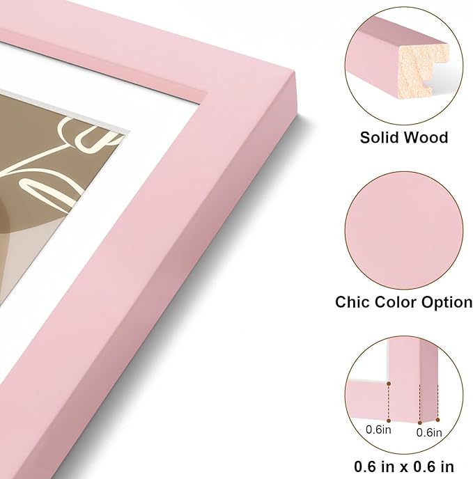 Vittanly 8x10 Picture Frame, Solid Wood Frame with Plexiglass, Includes 5x7 Mat, Wall Hanging or Tabletop for Home Decor, Pale Pink, 1 Pack