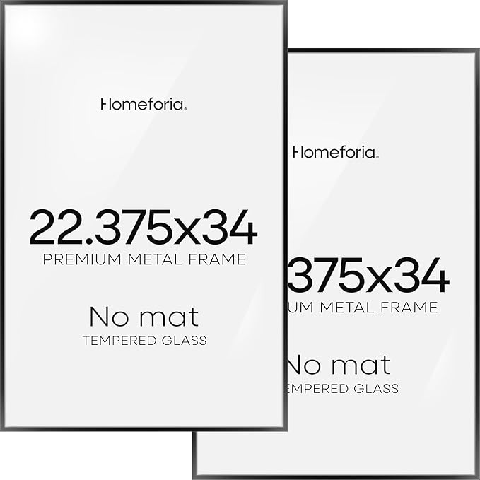 Homeforia 22.375x34 Black Puzzle Frame, High End Metal 22.375 x 34 Picture Frames without Mat, 34x22.375 Thin Poster Frame for Wall, 22.375 by 34 Puzzle Photo Frame, Tempered Glass, Wall Kit, Set of 2