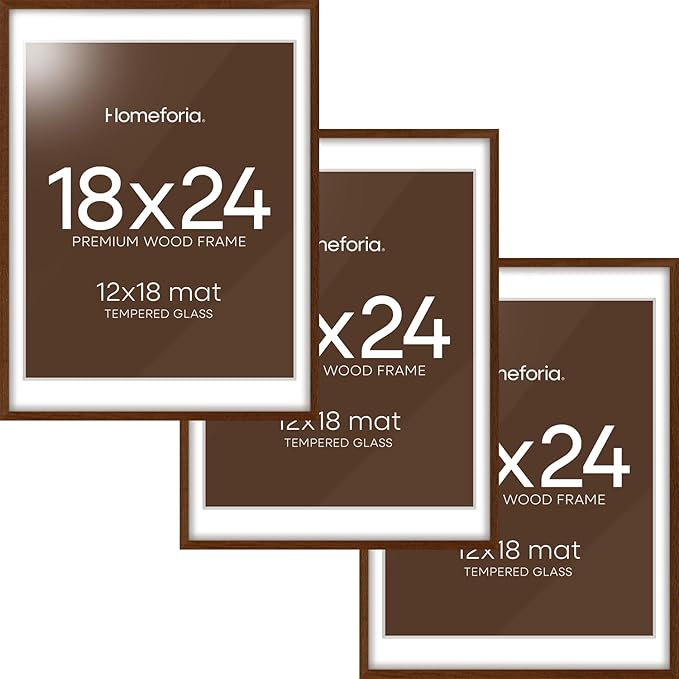 Homeforia 18x24 Walnut Poster Frame, High End Dark Oak 18x24 Brown Wooden Picture Frames with Mat 16x20, 18 x 24 Wood Frame Matted to 16 by 20, 24x18 Hanging Frames, Tempered Glass, Wall Kit, Set of 3