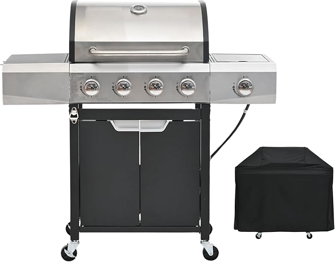 4-Burners Propane Gas Grill Outdoor with Side Burner & Thermometer, Stainless Steel Propane Grill with Cover for Outdoor BBQ, Patio Backyard Barbecue, 51000 BTU Output
