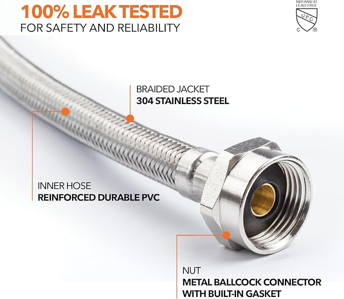Stainless Steel Braided Water Connectors with Reinforced PVC Inner Hose for Toilets, 3/8" Compression x 7/8" Metal Ballcock, 16" Length (5Pack)