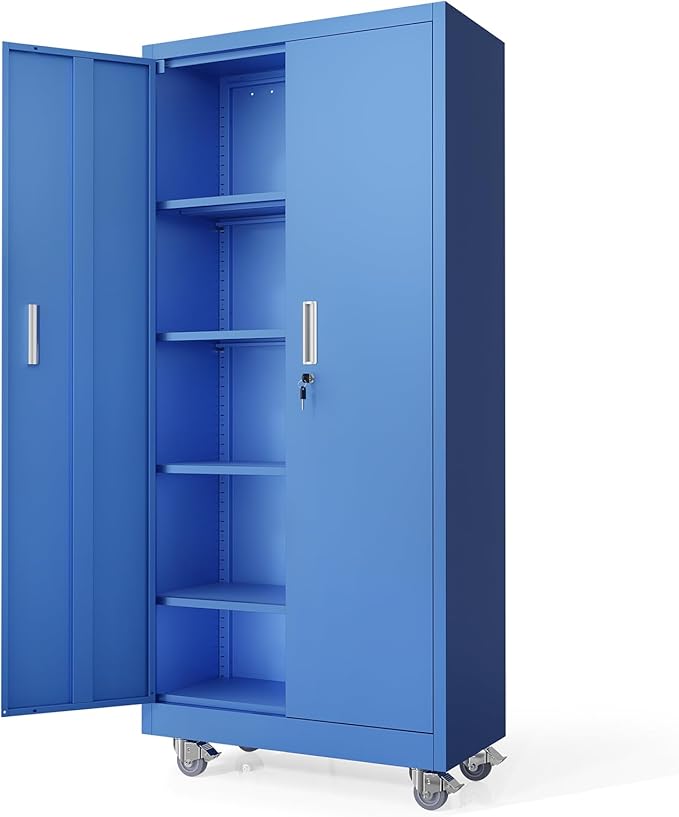 VINGLI Rolling Metal Storage Cabinet with Adjustable Shelves, 71'' Tall Garage Storage Cabinet with Wheels, Locking Tool Cabinets for Home Office Garage Gym School (Blue)
